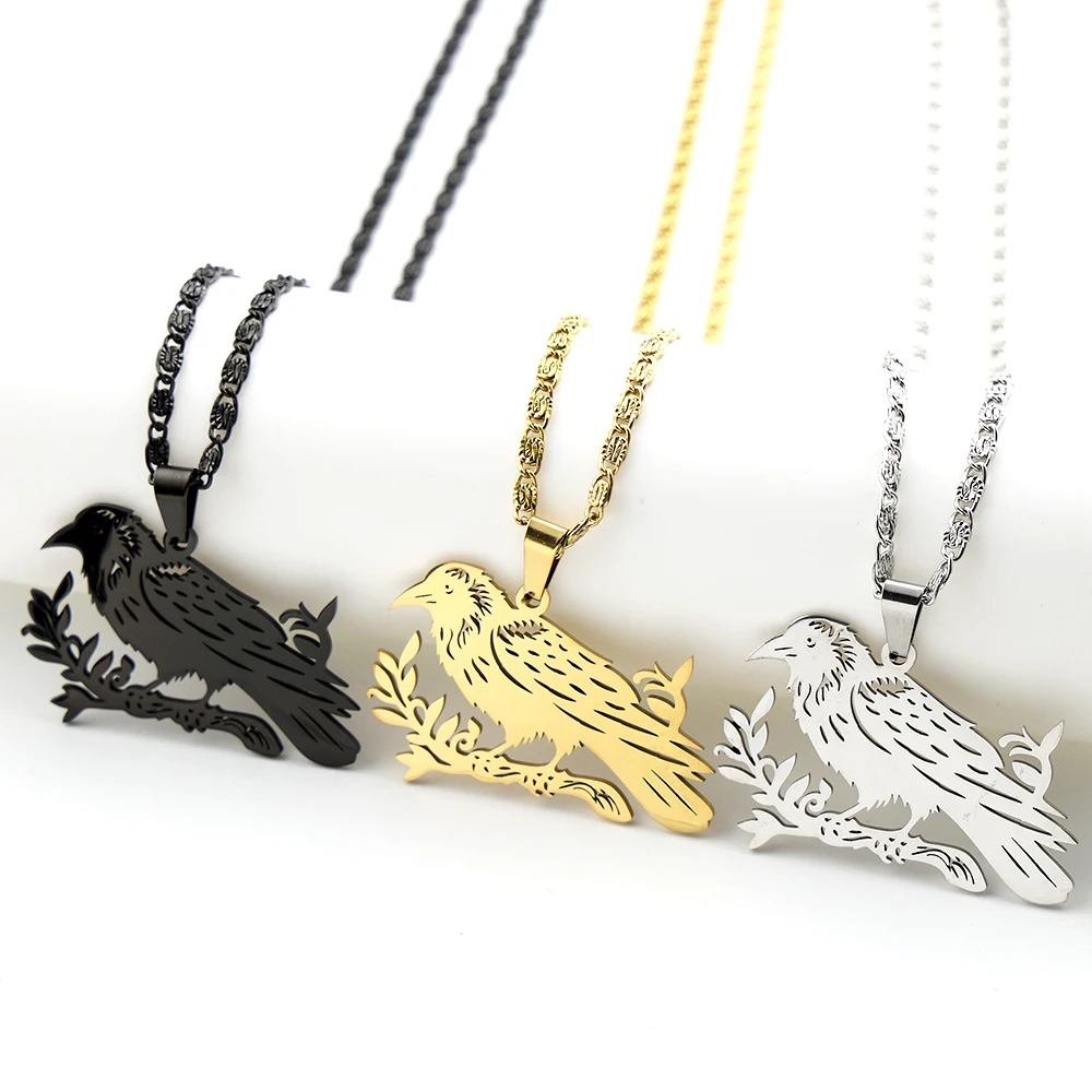 Nordic Odin Black Raven Branch Pendant Necklace For Women Men Stainless Steel Hip Hop Dark Crow Bird Animal Plant Jewelry Gift