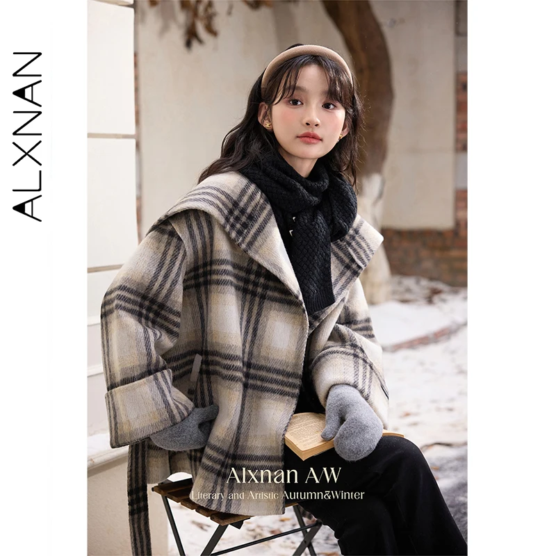ALXNAN Woman's Woolen Coat Plaid Color-block Belt Lapel Collar Double-faced Coats 2026 Fall Vintage Thickened Outwears L523150