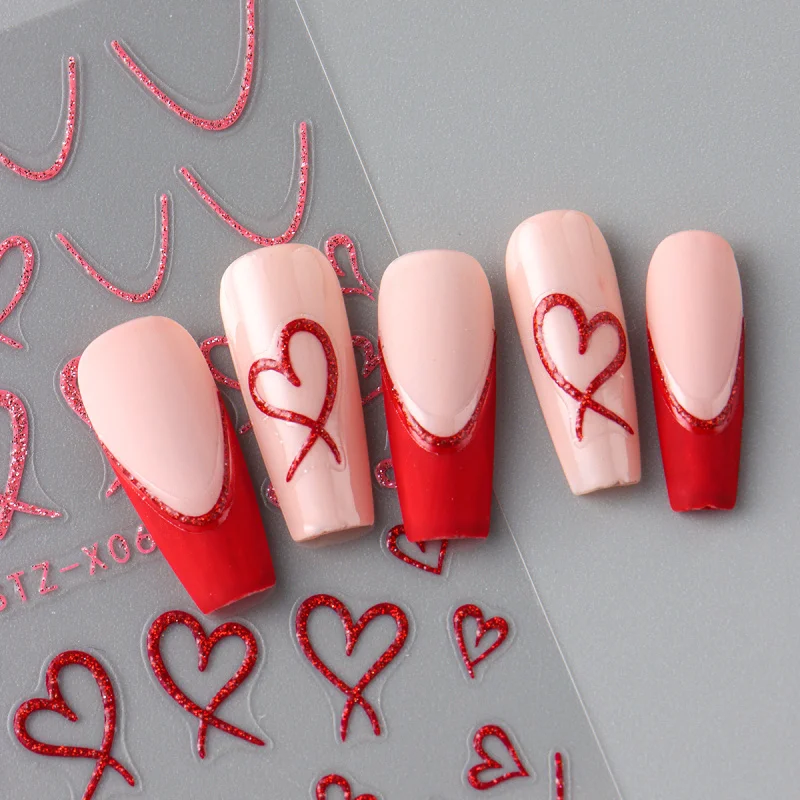 2pcs Sparkly Glitter Heart French Line Nail Stickers Pink Red Valentine Slider Designs Self-adhesive Nail Art Decals Decorations