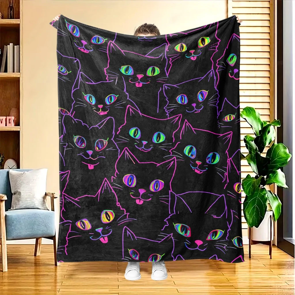 Bright Neon Outline Black Cat Head Stack Solid Black Background Fleece Blanket Cozy Throw For Bedroom Gothic Decor Present