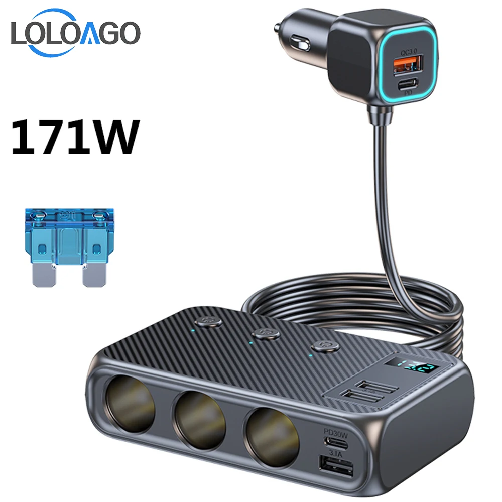 LOLOAGO C29 Car Cigarette Lighter One Tow Three Switch 6 Ports USB171W High Power qc3.0 Fast Charging Car Charger