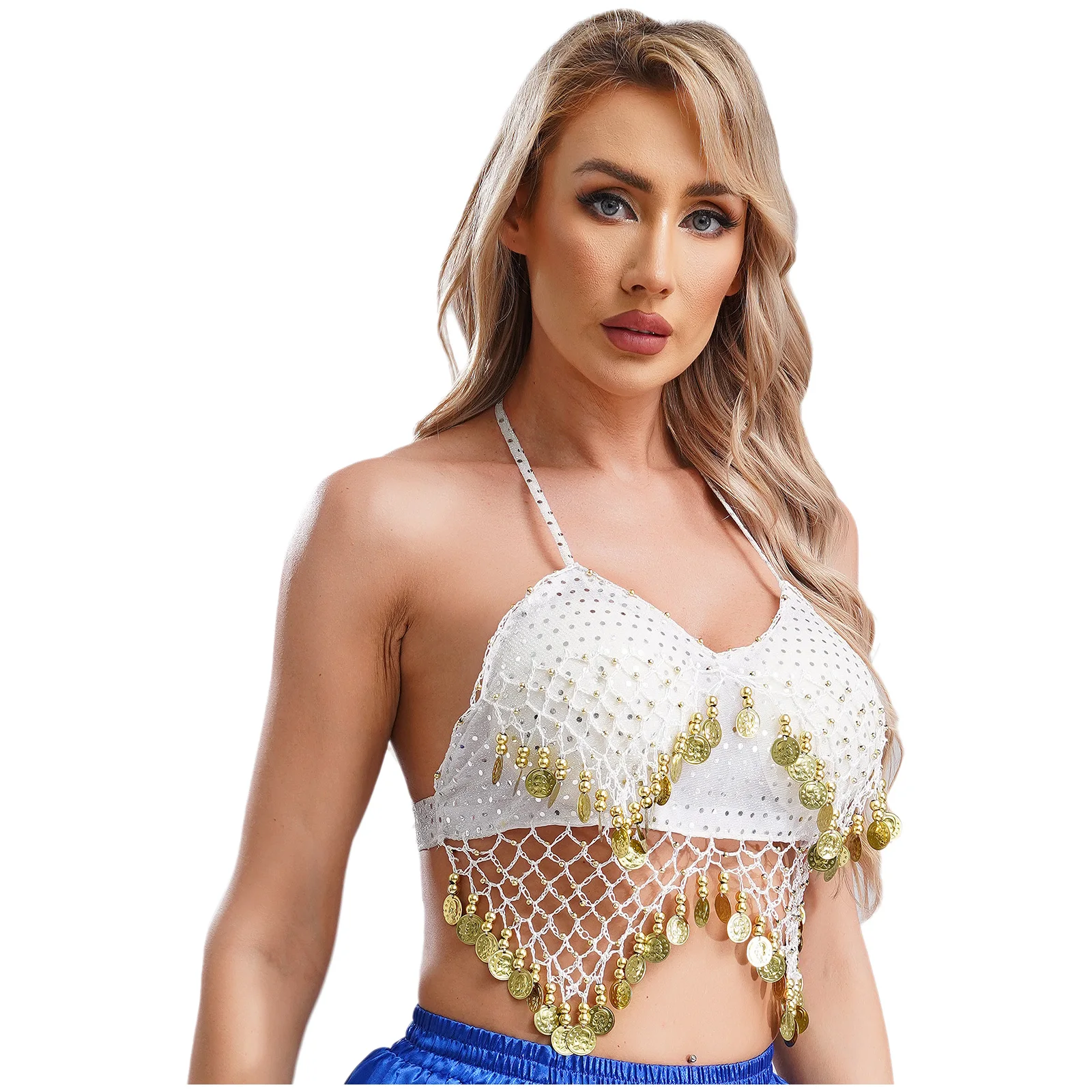 

Womens Belly Dance Costume Halter Bra Top Sequin Mesh Plastic Beads Crisp Tassel Lace-up Spanish Dance Performance Crop Top