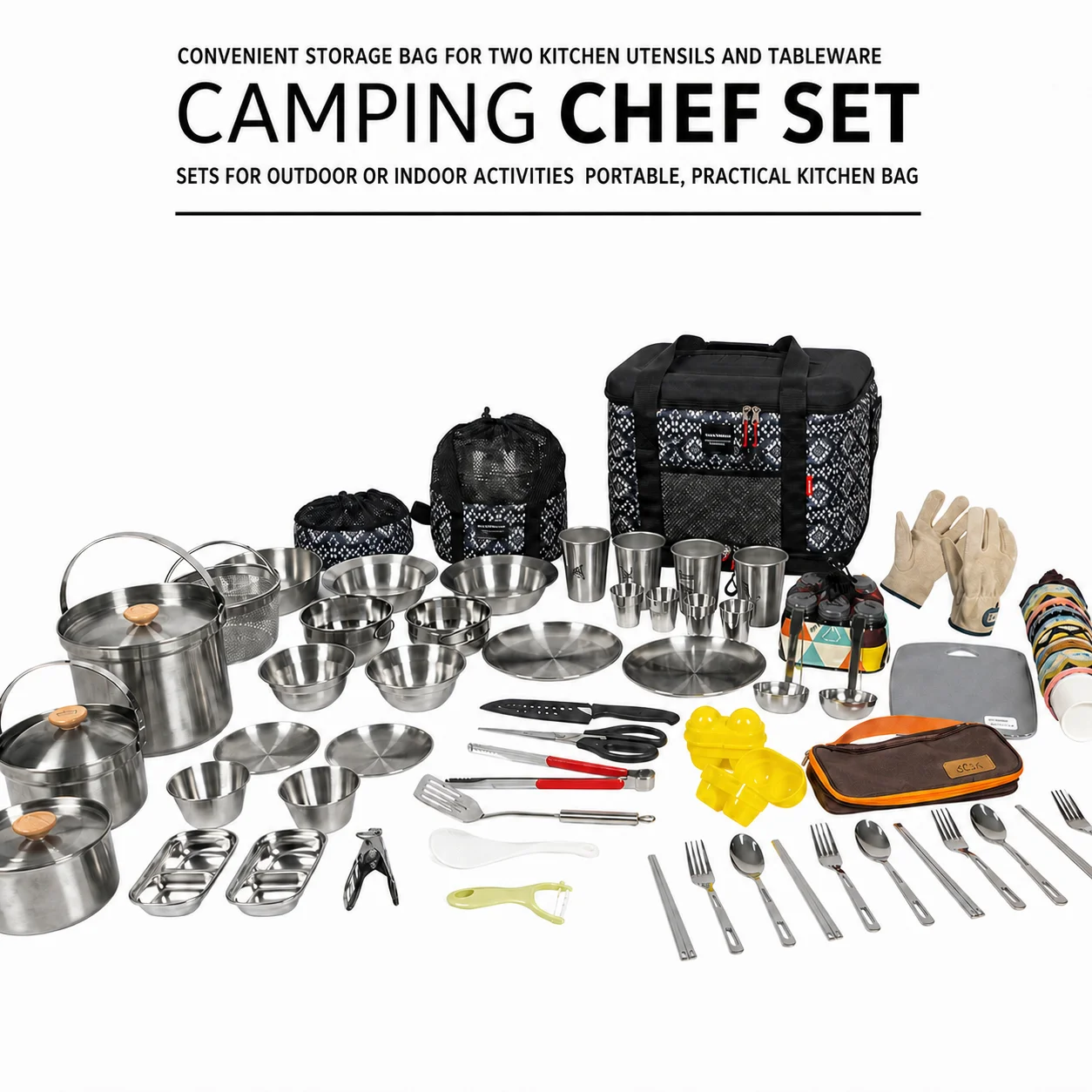 All-in-one Stainless Steel Camping Cookware Set Portable Outdoor Kitchen & Tableware Kit with Bag Pots Plates Cutlery Utensils