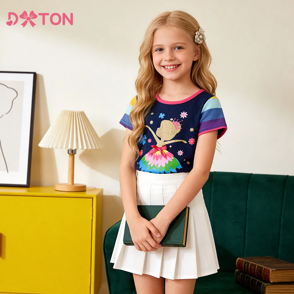 DXTON Summer Cotton Girls T-shirts Striped Short Sleeve Children Top Elf Cartoon Printed Toddler Tees Kids School Casual Clothes