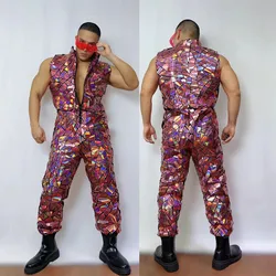 Pink Silver Laser Mirror Sleeveless Jumpsuit Male Women Hip Hop Dancer Groups Sequins Rompers Festival Party Stage Dance Costume