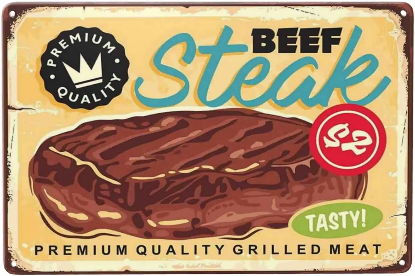 Beef Steak Sign Vintage Metal Tin Sign Wall Decor, Grilled Meat Metal Signs Tin Signs for Restaurant Bar Pub Club Man Cave 8 x12