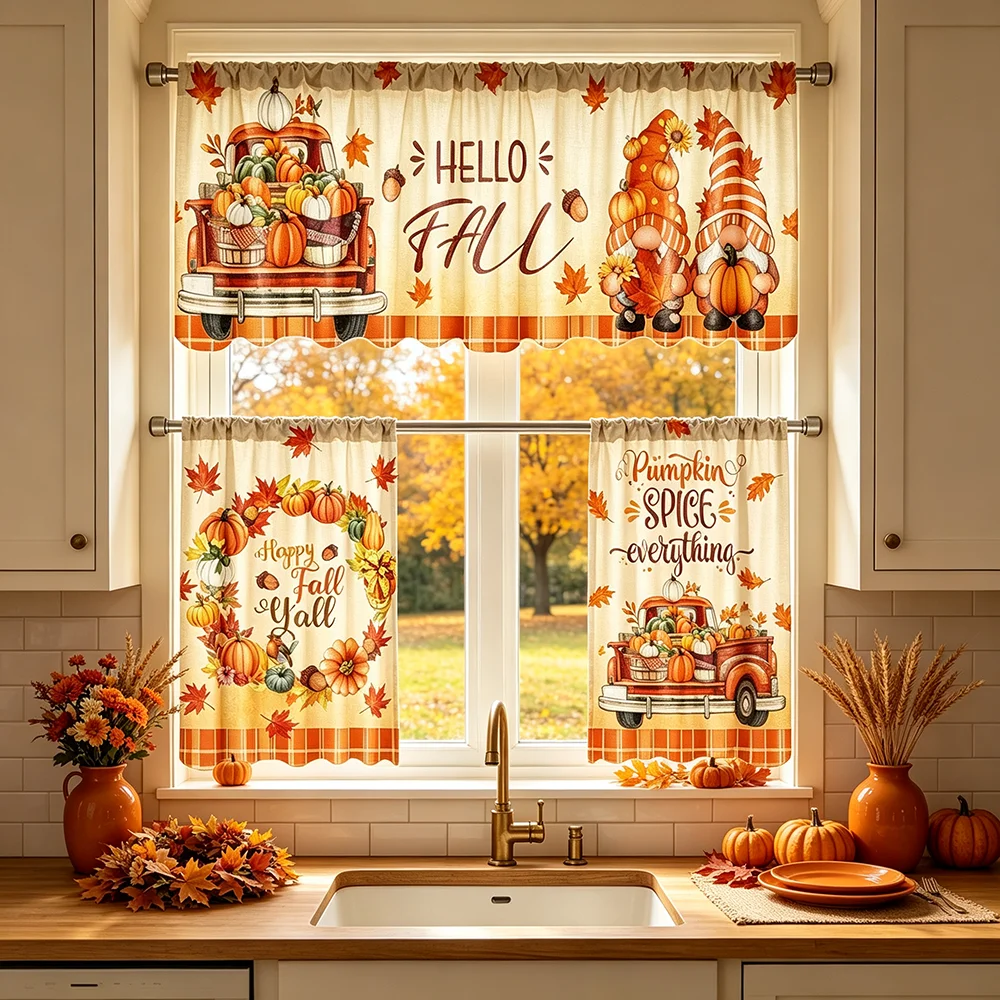 Thanksgiving, Autumn Pumpkin Curtains, including Curtains and Short Curtains, Suitable for windows, Rural Farmhouse Style