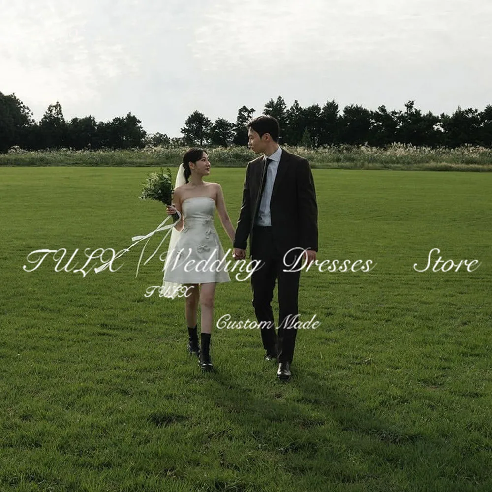 

TULX Simple Mini Bow Korea Satin Wedding Photo Shoot Dress Strapless Short Bridal Gowns Above knee Corset Back 웨딩드레스 Customized