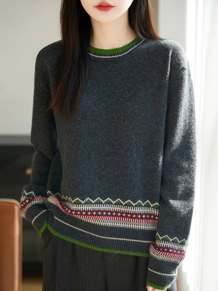 

Faionable Color Blo round Ne Knitted Sweater Women's Loose Fair Isle Vintage Knitwear Versatile Anti Aging Base irt