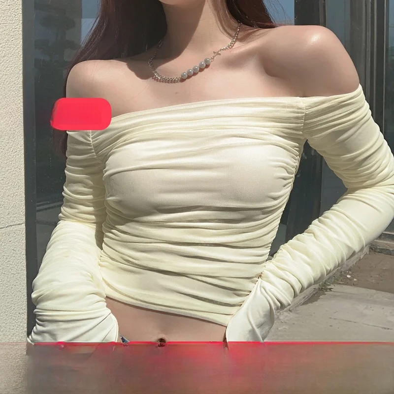 

Женская облегающая футболка с длинным рукавом и открытыми плечами, сексуальная, осенняя, модная, повседневная, укороченная