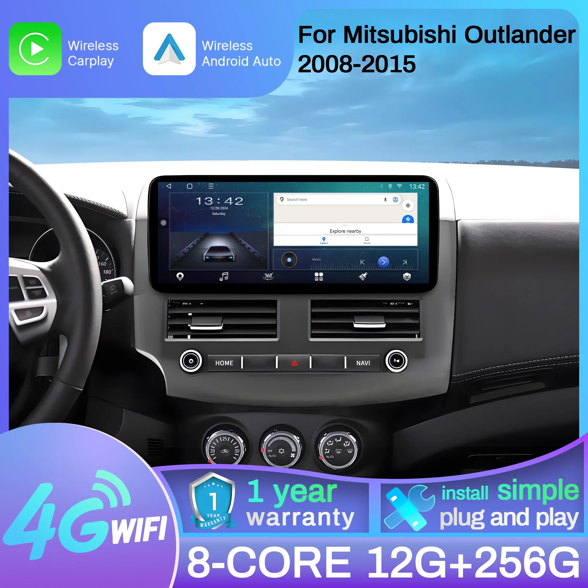 12.3 inch 4G GPS 5G WIFI  Car Radio For Mitsubishi Outlander 2008-2015 Android 15 Wireless BT Carplay Multimedia Touch Screen