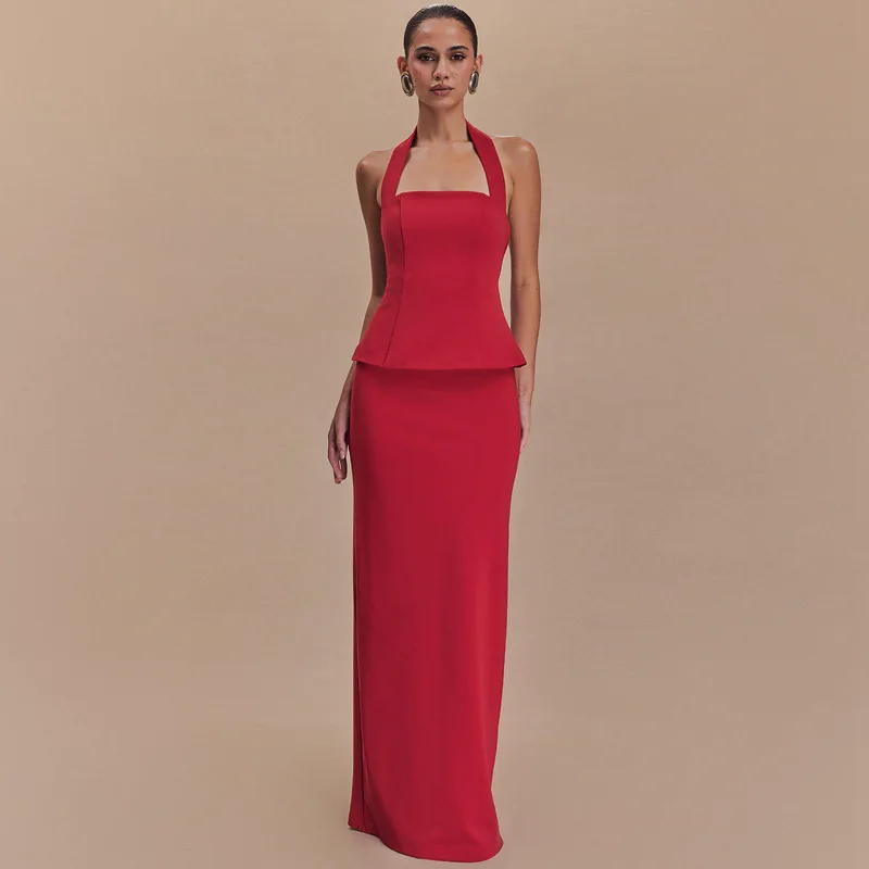 

Весна INS в Европе и Америке, новый однотонный топ с висячим воротником, сексуальное тонкое платье с открытой спиной, костюм из двух предметов, женская одежда