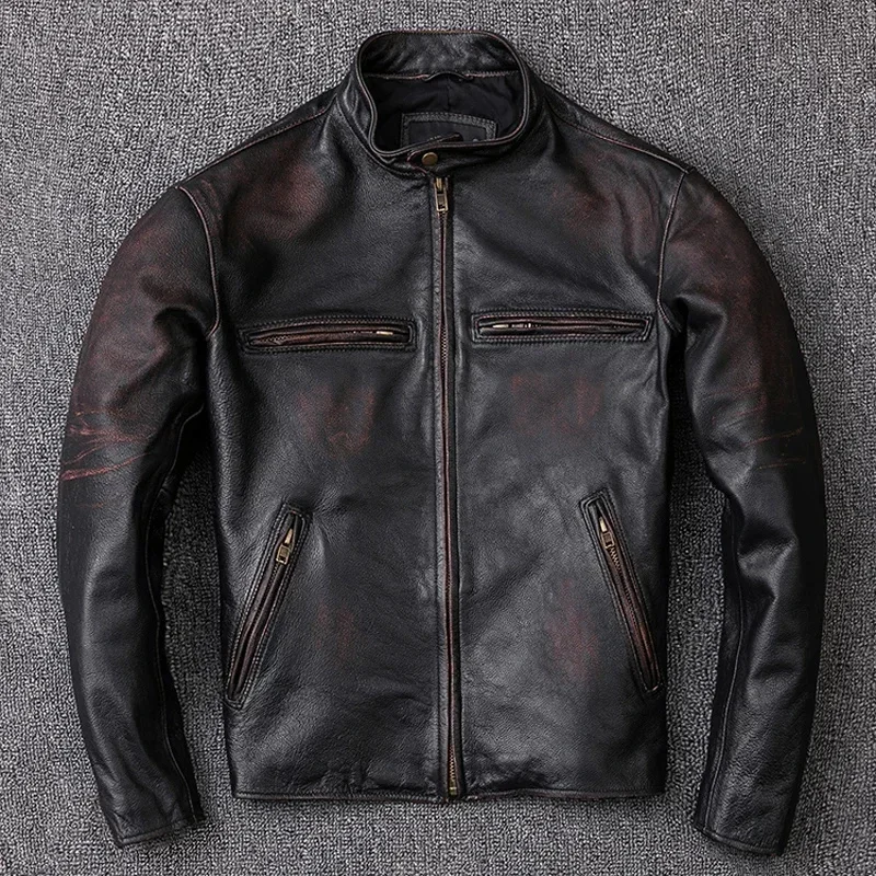 Men Leather Jacket Vintage Black 100% Natural Genuine Cowhide Coats Men's Coat Male Clothes Autumn M210