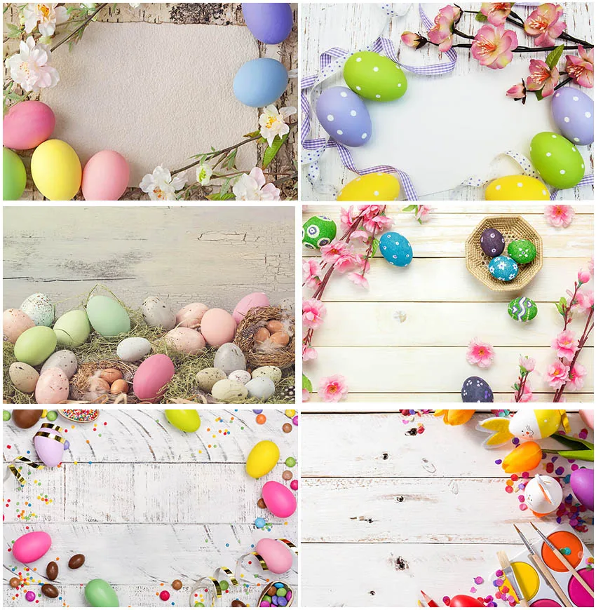 

Photography Easter Eggs Colorful Backgrounds Photocall Spring Decor Wooden Boards Flowers Photo Booth Banner Studio Backdrops