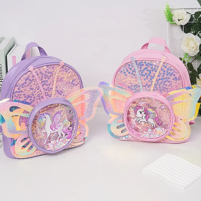 Sac à dos licorne pour enfants, motif ailes de papillon irisées, paillettes transparentes, sac d'école dessin animé pour tout-petits, sac à bandoulière pour le quotidien et les voyages