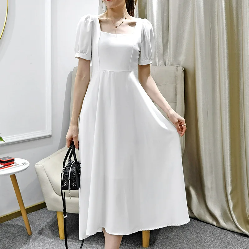 

GG095 New summer dress retro square neck princess sleeve dress