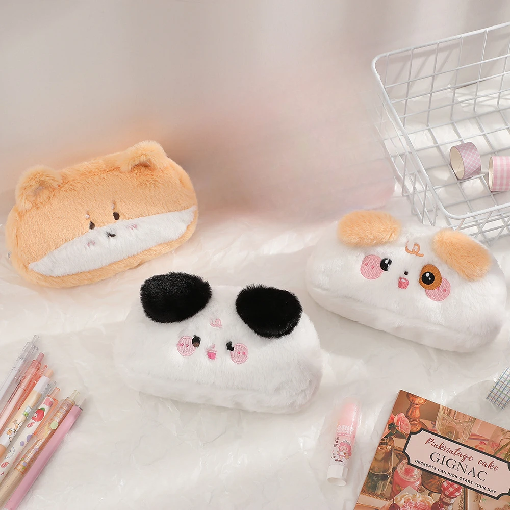 Cute Cartoon Puppy Plush Pencil Bag Kawaii Furry Large Capacity Kids Stationery Pen Pouch School Supplies Girls Soft Makeup Bag