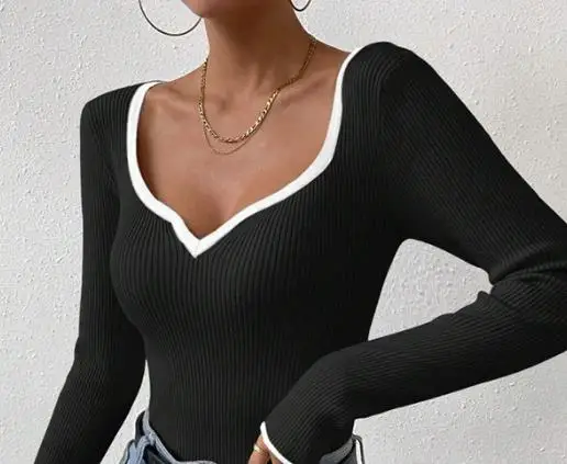 

Y2K Одежда Темперамент V-образным вырезом Slim Fit Сексуальный топ Женский трикотаж Элегантный облегающий вязаный топ контрастного цвета Осенний базовый топ