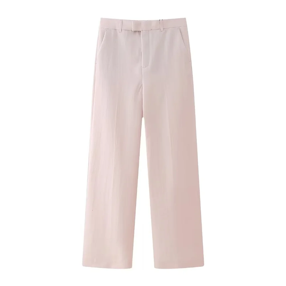 PB & ZA 2024 primavera rosa drappeggio Casual doppio petto da donna cappotto da pendolare pantaloni a gamba dritta