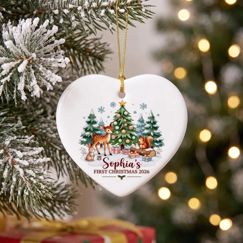 2026 New Custom Baby First Christmas Heart Ceramic Ornament Name Year Woodland Animal Xmas Tree Decoration Newborn Memory Gift.