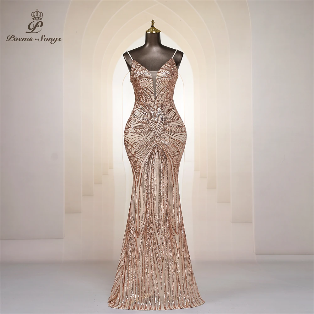 Sexy V-neck gold Mermaid Evening Dresses For Women Prom Dresses Maxi dress Party dress Beautiful Evening gowns robe de soiree