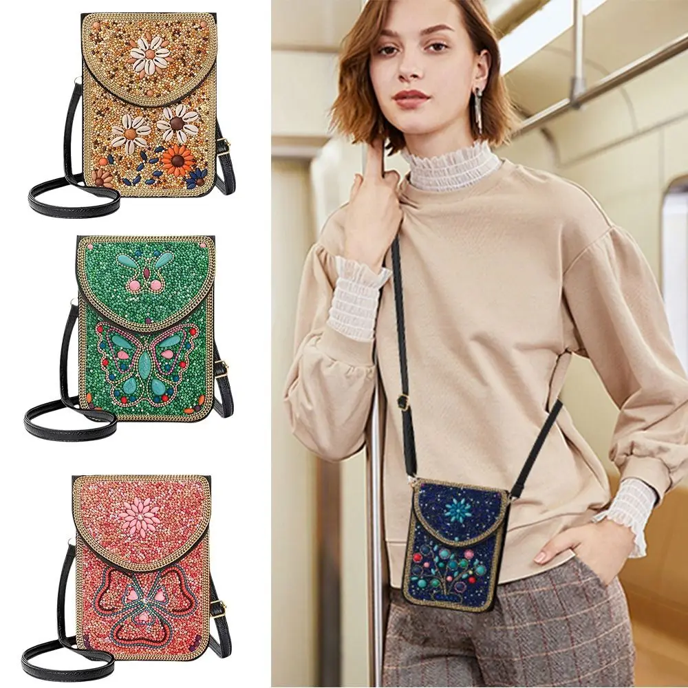 

Сумка через плечо с разноцветными бусинами в стиле ретро, маленькая сумка через плечо из искусственной кожи для сотового телефона, дорожный кошелек ручной работы в стиле бохо
