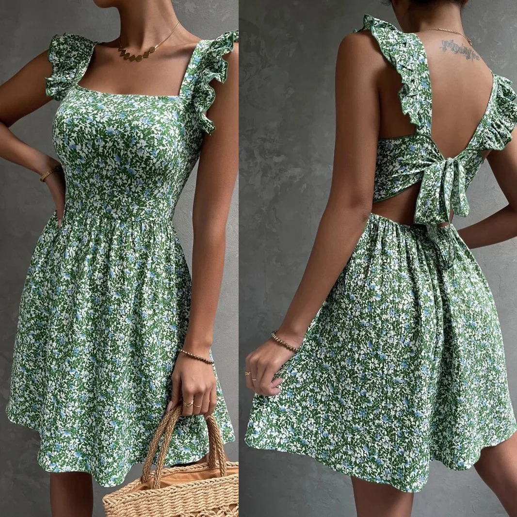 

Dress 2025 European and American new women's clothing spring and summer square neck lotus shoulder butterfly bow big swing skirt