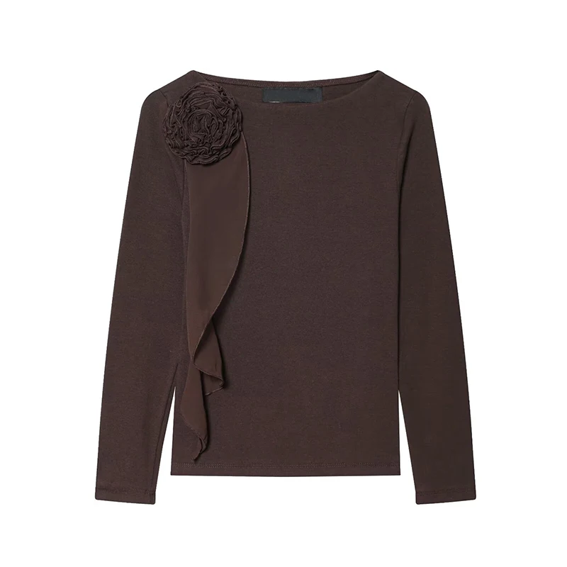 

YENKYE 3D Flower Long Sleeve T Shirt Women Solid O Neck Casual 2026 Spring Tops