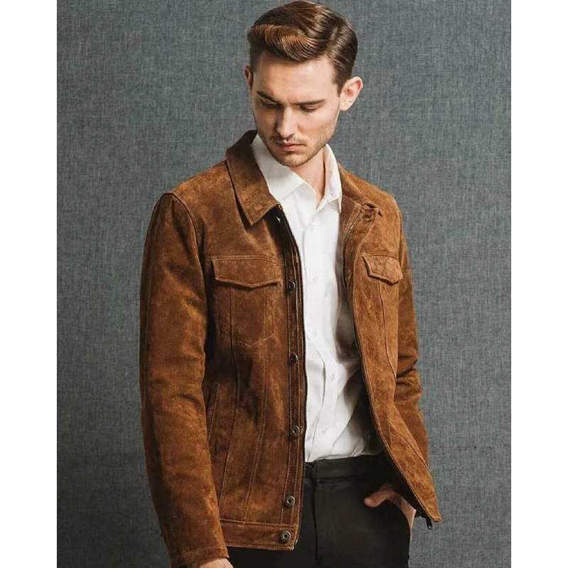 Men's Brown Suede Leather Jacket Slim Fit Casual Jeans Jacke Fashion Trends