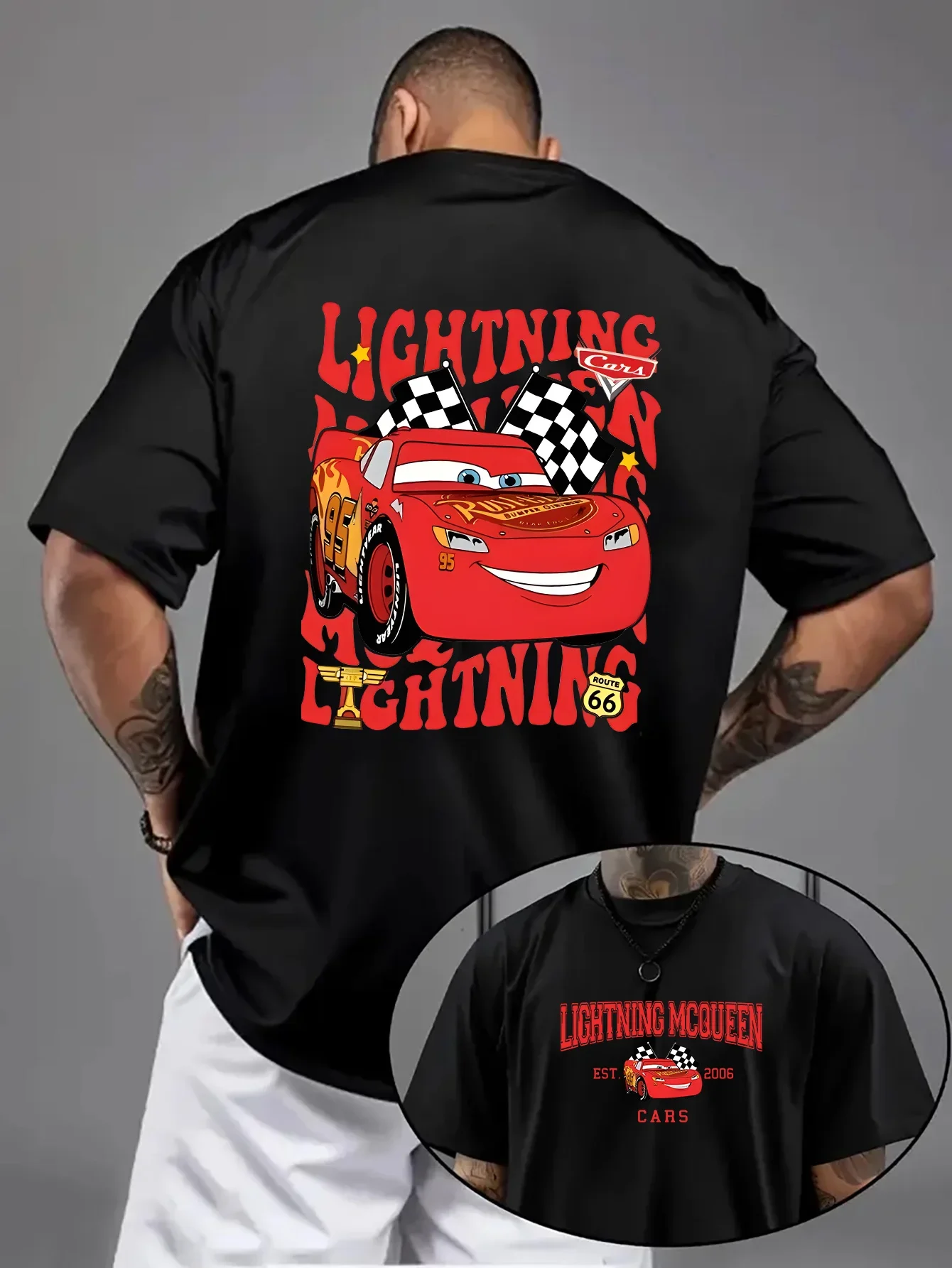 

Disney Flash McQueen Car Print Men's T-shirt, 100% Pure Cotton Short-sleeved, Casual, Comfortable and High-quality Men's Top