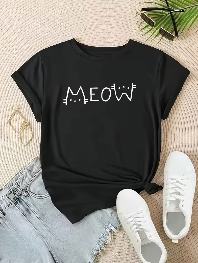

Meow Cat Shirt: Soft Tee, Cat Lover Gift，Durable Plus-size Casual T-shirt Daily Commute Travel Streetwear Women's T-shirt