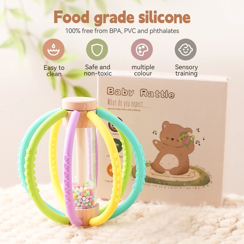 Wooden Silicone Rattle Ball Baby Rattle Silicone Baby Sensory Touch Toy Newborn Dental Care Gum Anti-eating Hand ​Molar Stick