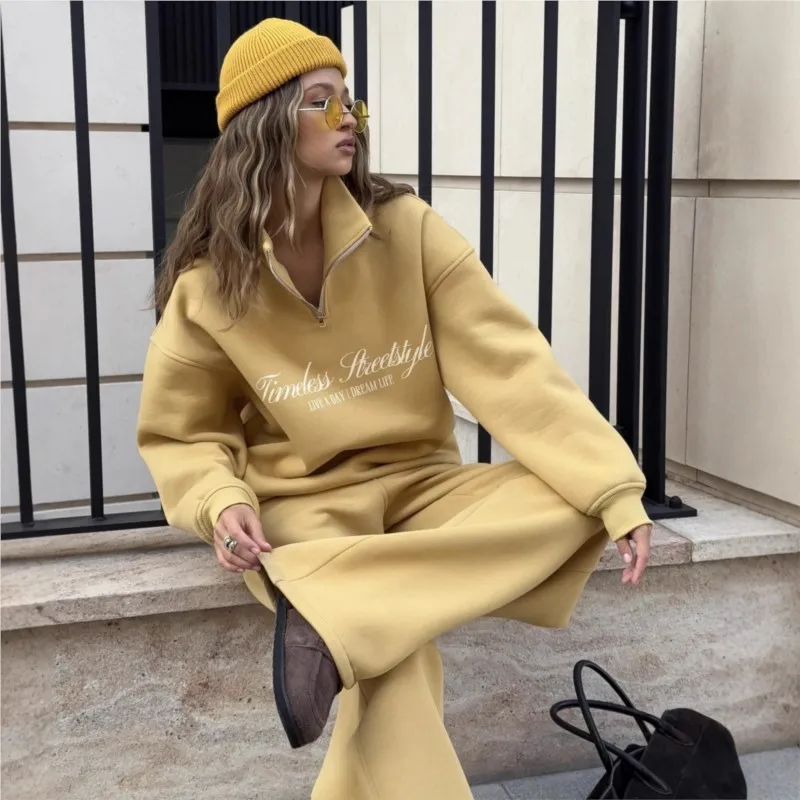 Letter Printed Two-piece Set Long-sleeved Sweatshirt And Trousers Casual Suit Polo Zipper All-match Oversize Pullover Sweatpants
