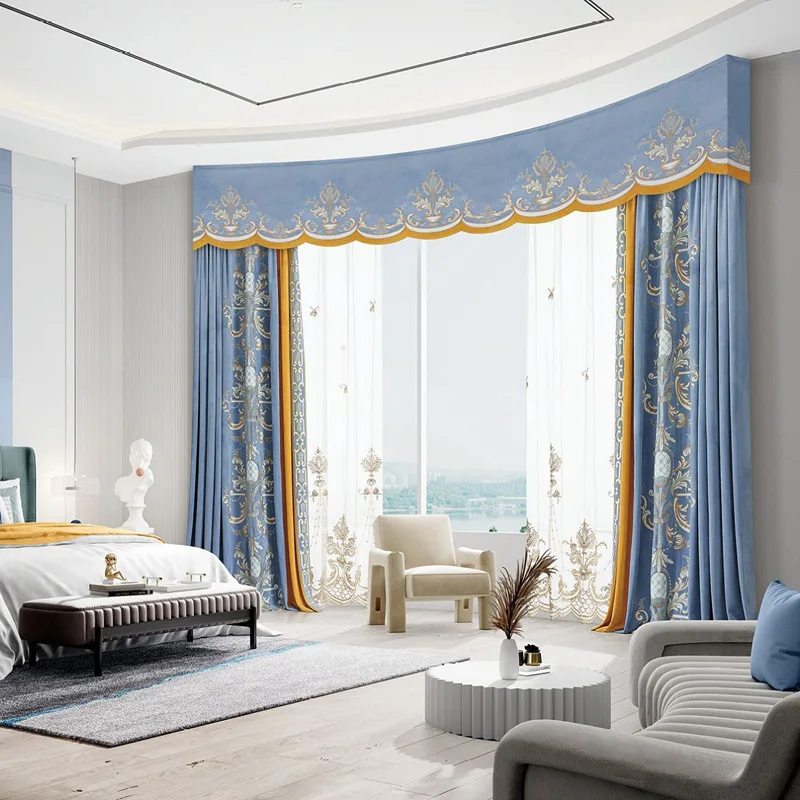 

Custom curtains American luxury villa living room high curtain velvet blue cloth blackout curtain valance tulle drape C905