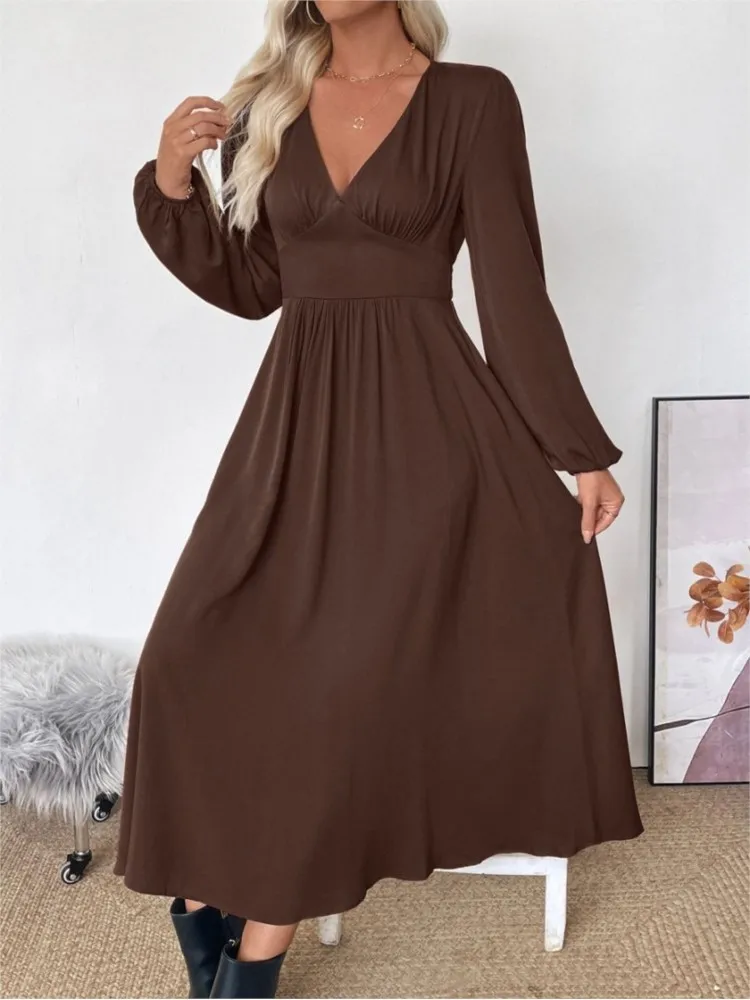 

Dresses 2025 Woman Elegant Retro Skirt Waist Deep V-neck Brown Dress Temperament Solid Color Trendy Simple Style Vestidos Slim