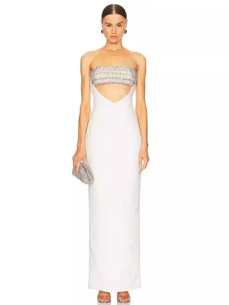 LEOSOXS 2025 Vrouwen Zomer Celebrity Nieuwe Strapless Uitgesneden Diamanten Witte Jurk Elegante Avond Club Feestjurk
