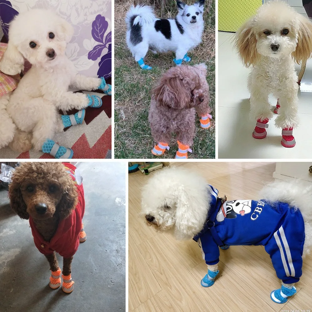 4pcs Summer Puppy Breathable Dog Shoes Mesh Sandals Soft Bottom Anti-slip Sandals for Pet Dog Shoes Chihuahua Botas