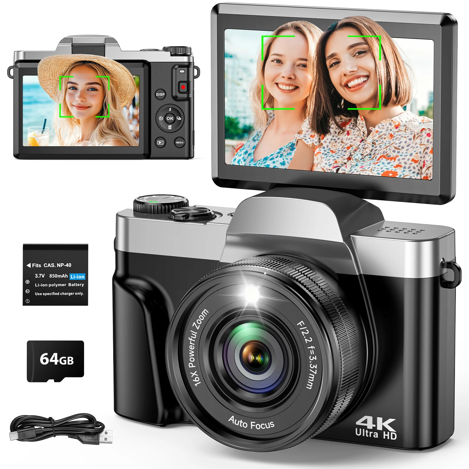 4K Dual Camera Digital Camera for Photography, Autofocus Selfie cameras 180° Flip Screen, Travel Camera, 16X Zoom with  64G Card