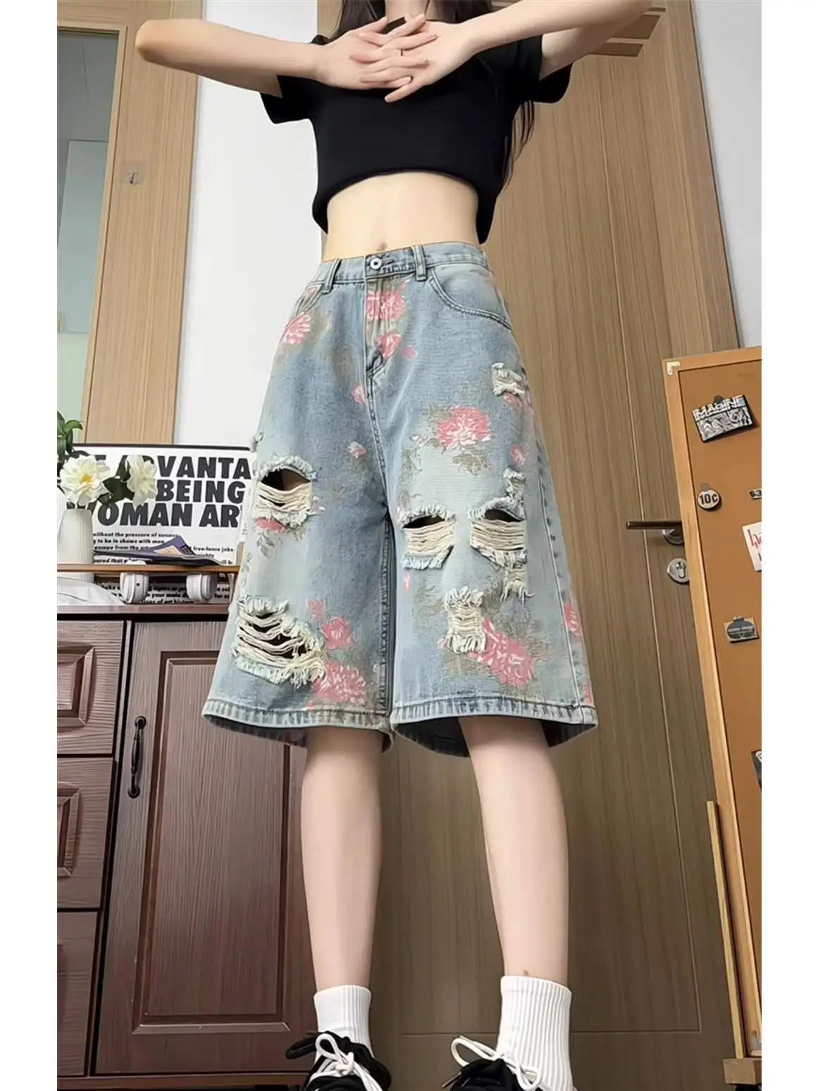 

Ripped Denim Shorts Casual Loose Fit Men's Outerwear Summer Sporty Mid-Length Jeans Large Size Five-Sixths Pants