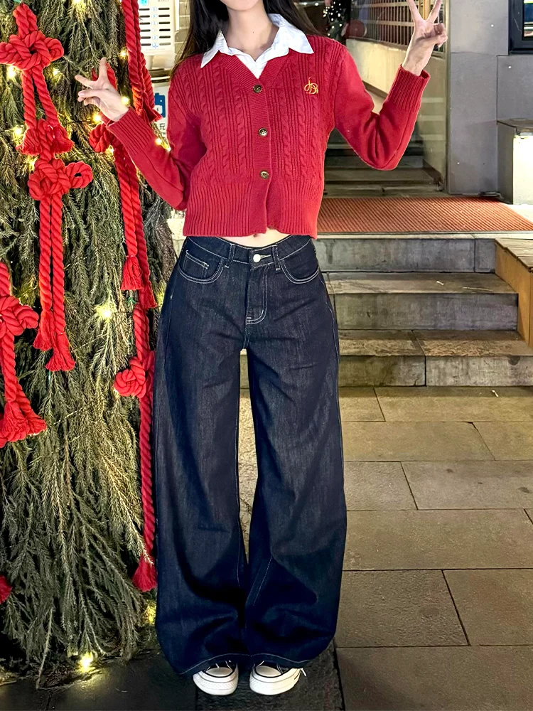 

High Waist Wide Leg Denim Jeans Women's Loose Fit Deep Blue Vintage Straight Leg Long Pants Spring New Style plus Size