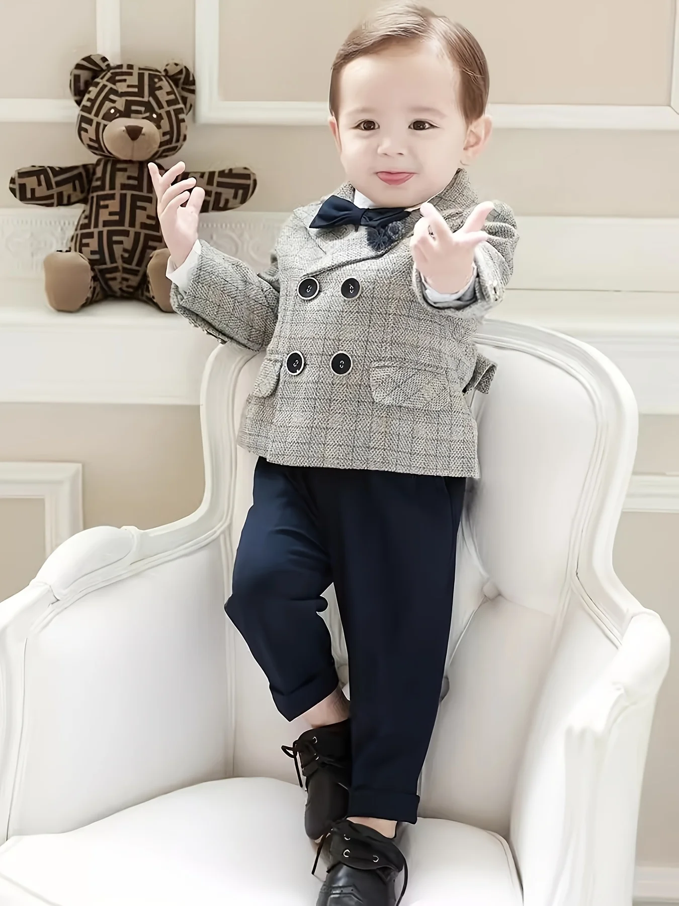 

Children Spring Autumn PLAID GARY 3Pieces/Set Jacket Pants Bowtie Wedding Dress Boys Photograph Suit Kids Birthday Costume