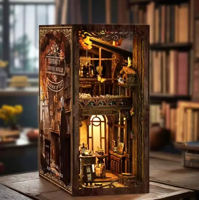 DIY Wooden House Book Nook Kit Wooden 3D Puzzle Bookshelf Insert Decor Dollhouse Model Bookend Building Home Decoration Gifts