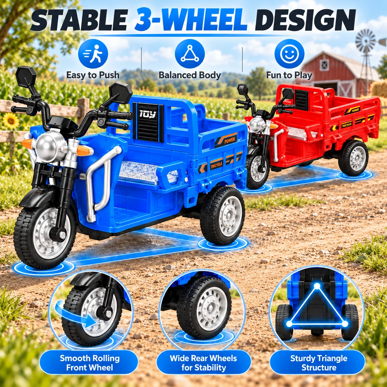 MQUDUO Retro Three Wheel Cargo Truck Toy, Red Blue Utility Vehicle with Folding Tailgate, Christmas Birthday Holiday Gift