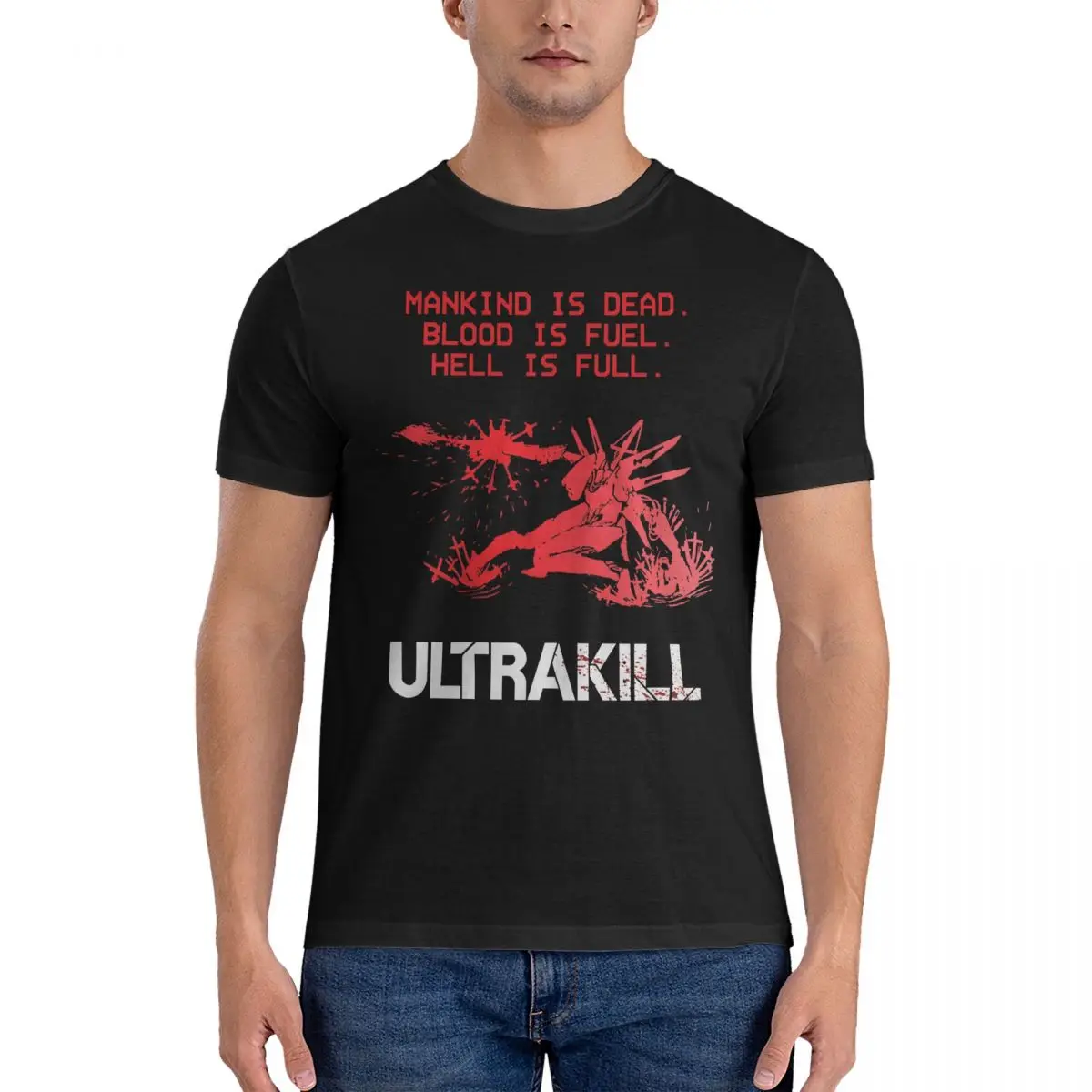 Hell T-Shirts for Men Ultrakill Humorous 100% Cotton Tees Crewneck Short Sleeve T Shirts Printing Clothes