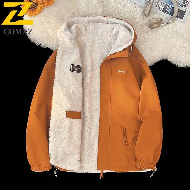COMXZ Giacca Sherpa reversibile da uomo Cappotto da alpinismo impermeabile antivento Parka con cappuccio sportivo all'aria aperta in pile ispessito invernale
