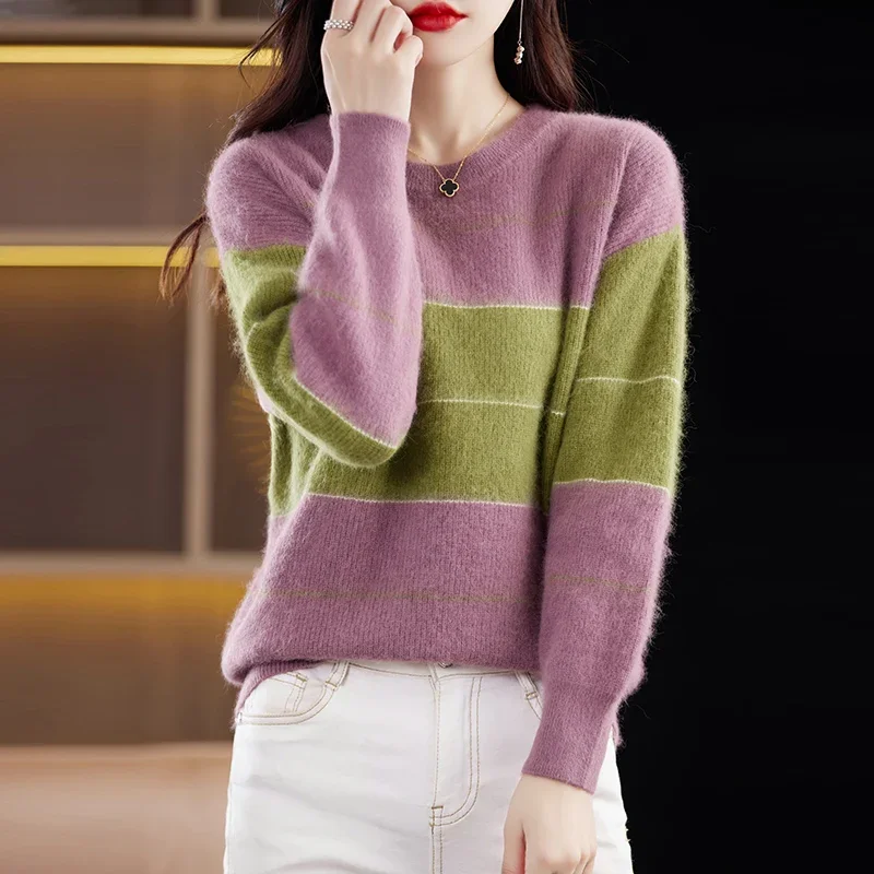 RONGNI 2023 Autumn Winter New 100% Mink Cashmere Women's Clothes Round Neck Pullover Color Block Knitted Sweater Jumper BR-088