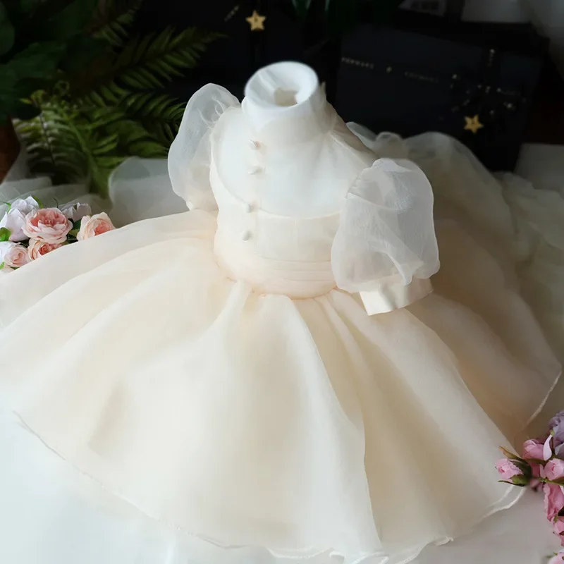 Customized Simple Solid Temperament Flower Girls Dress For Wedding Ball Gown Princess Kid Birthday Party Dress Puff Sleeeve Swe