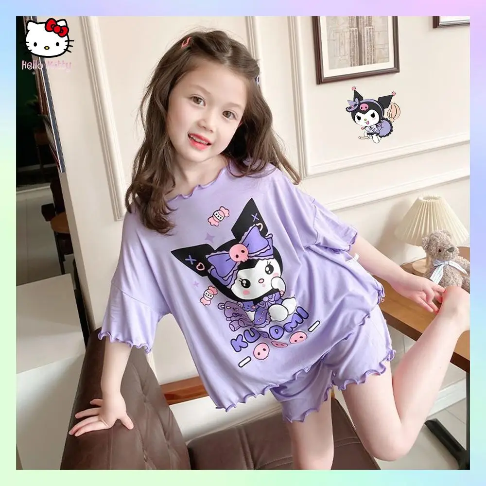 Girl Cinnamoroll Kuromi Pajamas Sanrioed Anime Summer New Thin Style Melody Cartoon Short Sleeved Shorts Kawaii Kids Homewear