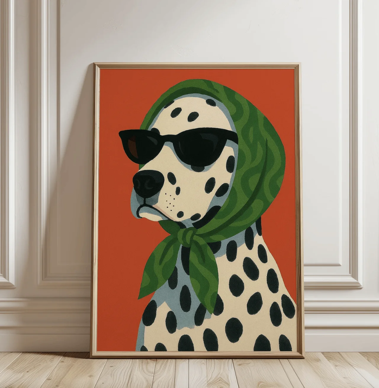 (No frame)Funny Fashion Dalmatian Canvas Wall Art Print, Trendy Dog Sunglasses Headscarf Poster Decor for Bedroom Living Room