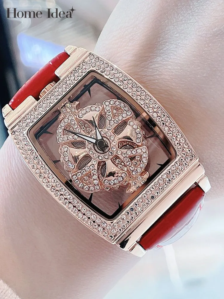 Women Watches Fashion Tonneau Quartz Wristwatch Diamond Design Leather Buckle Ladies Watch Gift